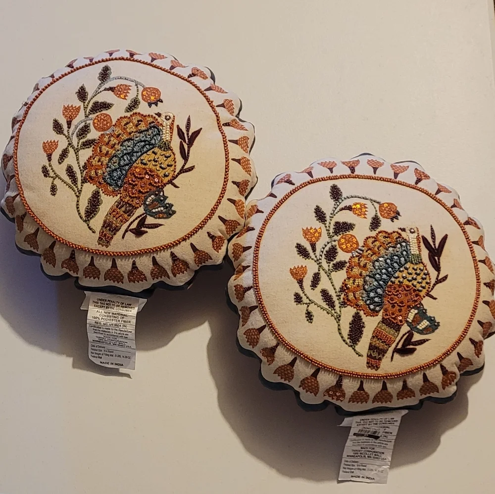 Threshold Embroidered And Beaded Ornate Bird Pillows (2) - Cream, Orange, Teal